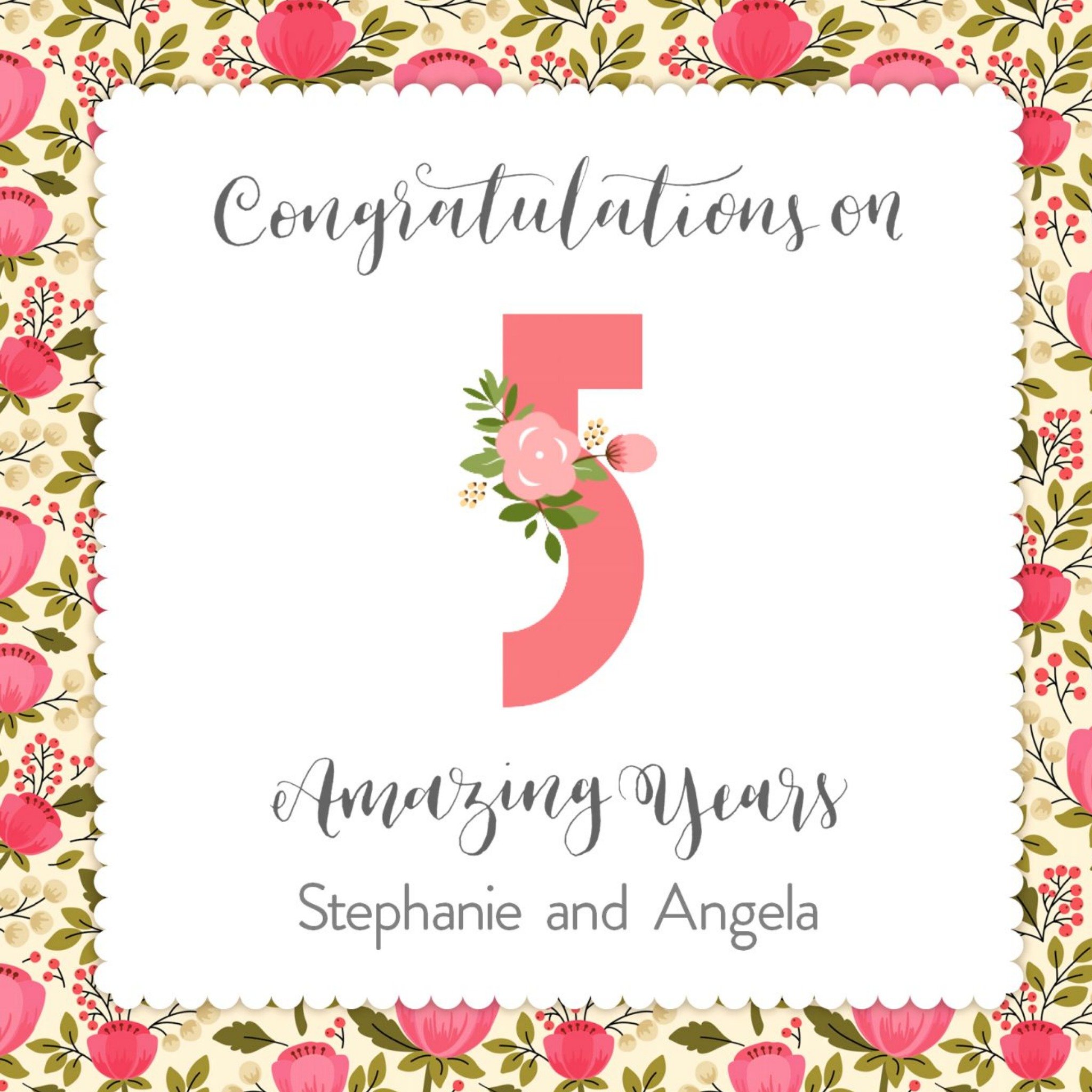 Merry And Bright Floral Background Personalised Happy 5th Anniversary Card, Square