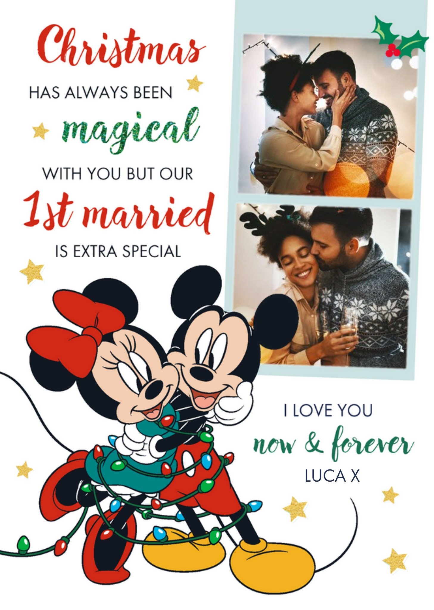 Disney Mickey And Minnie Mouse First Married Christmas Photo Upload Card, Large
