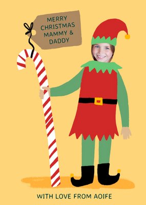 Illustration Of A Christmas Elf With A Large Candy Cane Photo Upload Christmas Card
