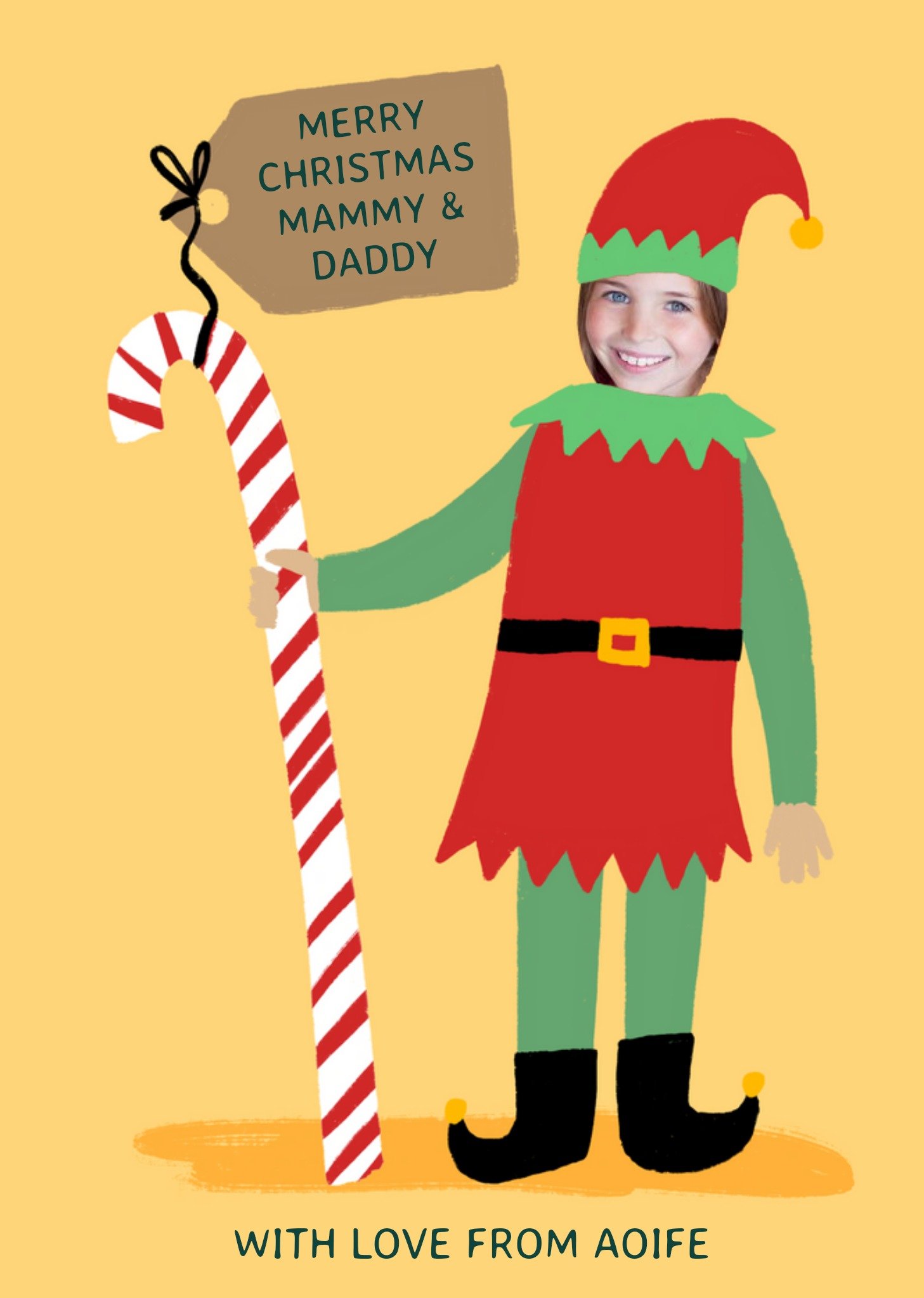 Moonpig Illustration Of A Christmas Elf With A Large Candy Cane Photo Upload Christmas Card Ecard