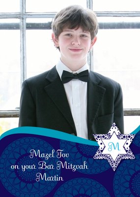 Blue Mazel Tov Personalised Photo Upload Happy Bar Mitzvah Card
