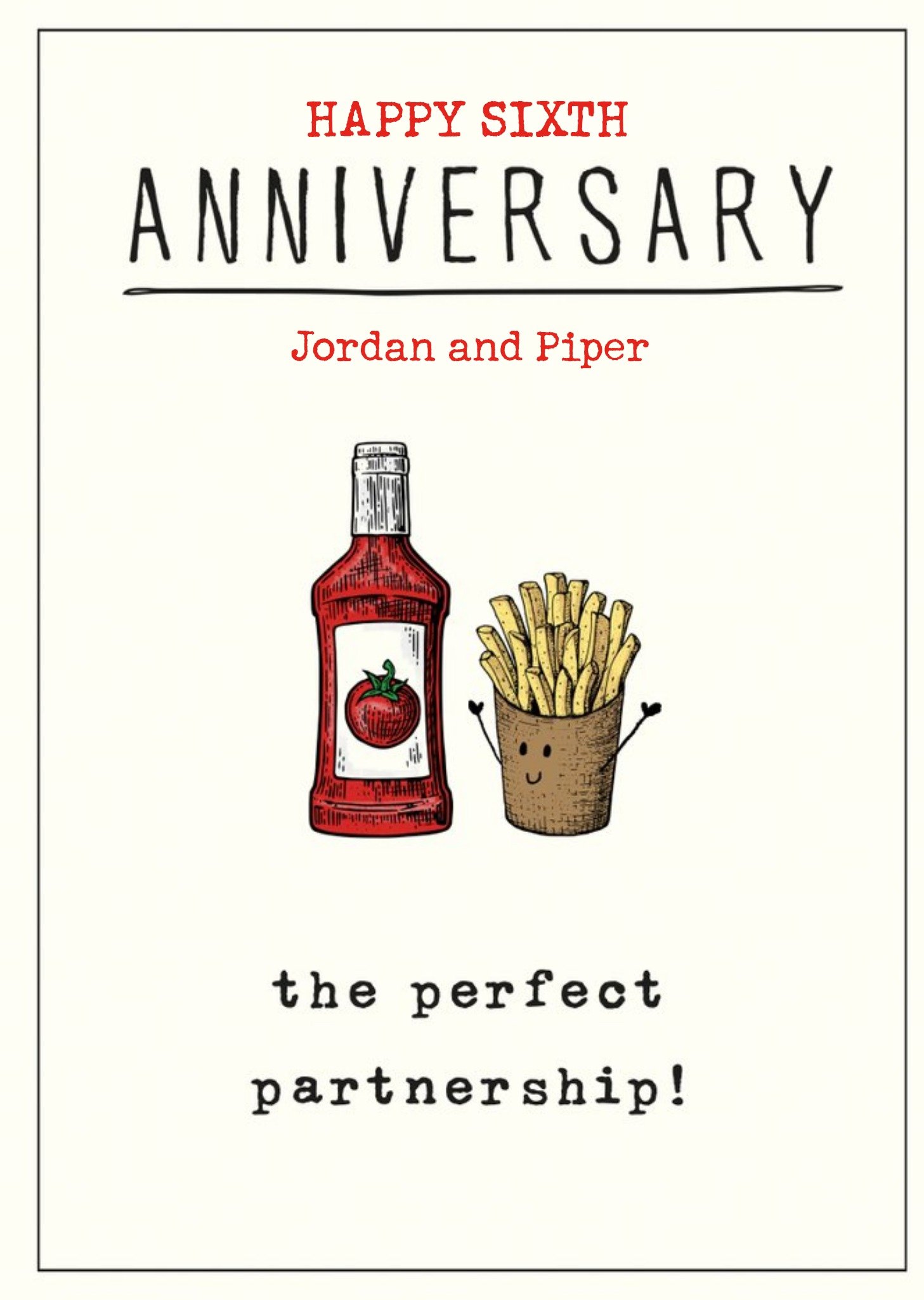 Illustrative Ketchup & Fries Perfect Partnership Anniversary Pun Card Ecard