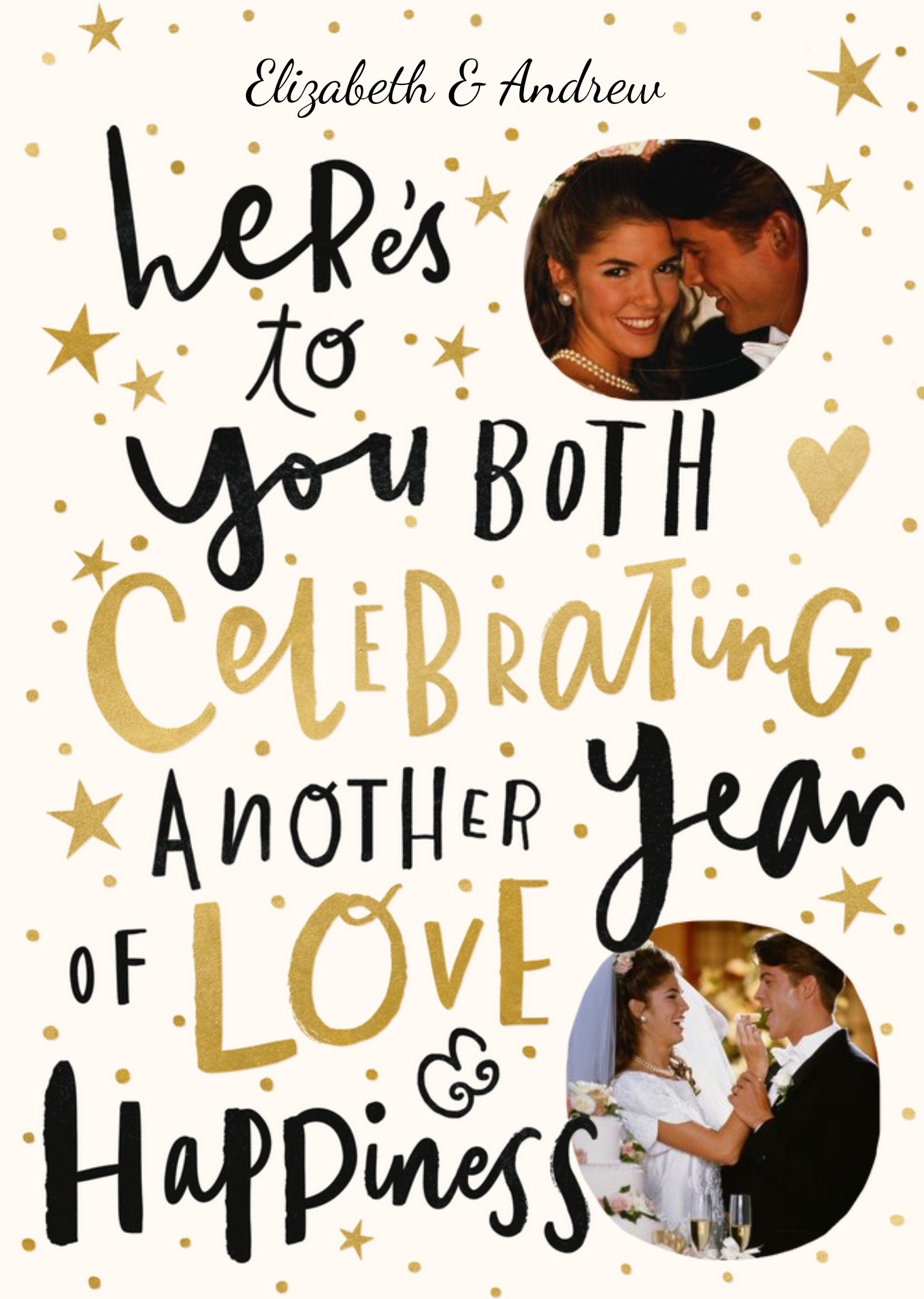 Double Photo Upload Black & Gold Typographic Wedding Card