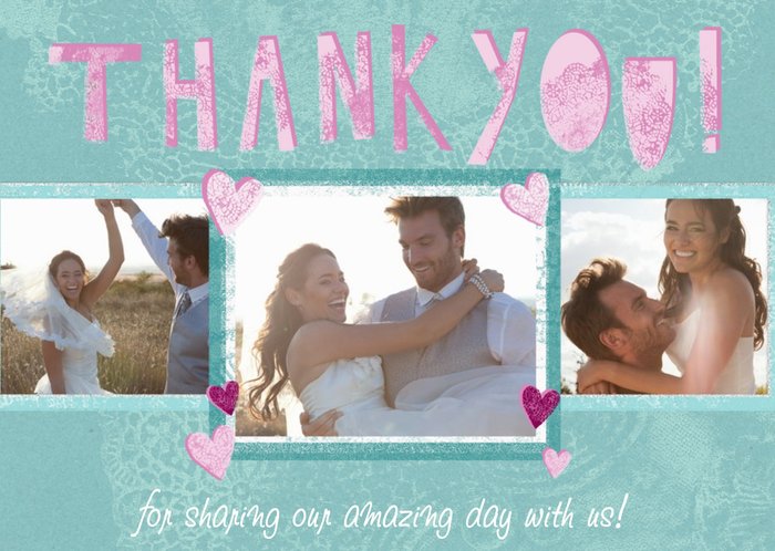 Green And Pink Three Photo Upload Personalised Wedding Thank You Card
