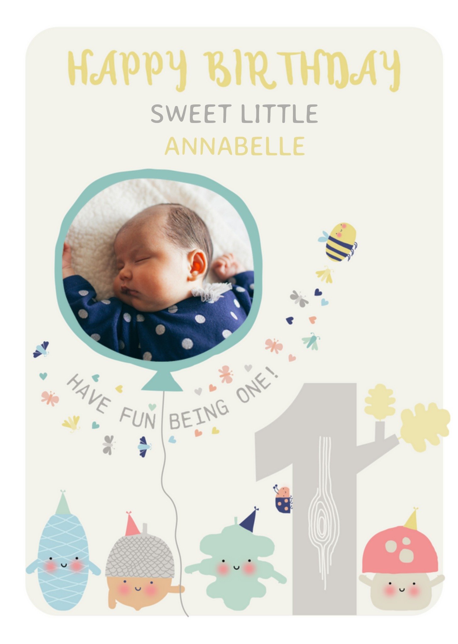 Cute Woodland Characters First Birthday Card With Photo Upload Ecard