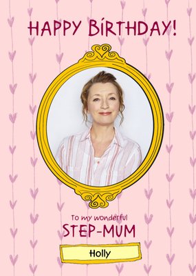 Photo Upload Illustrated Oval Yellow Frame Step Mum Birthday Card