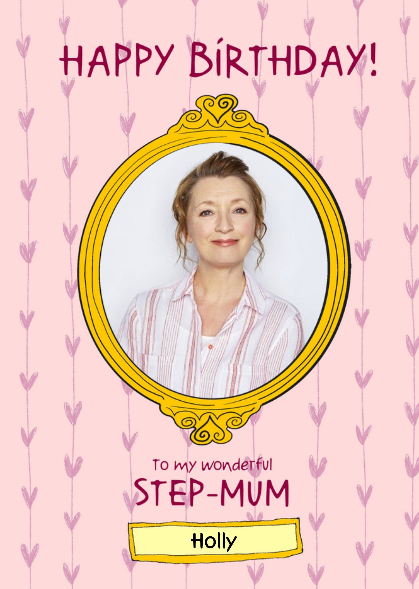 Moonpig Photo Upload Illustrated Oval Yellow Frame Step Mum Birthday Card, Large