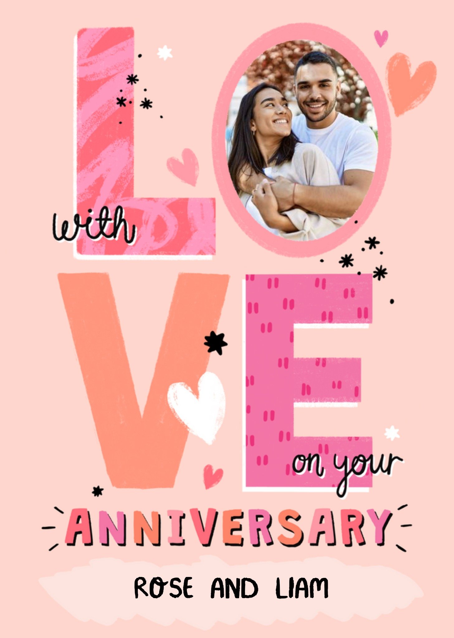 Large Colourful Typography With Hearts On Your Anniversary Photo Upload Card Ecard