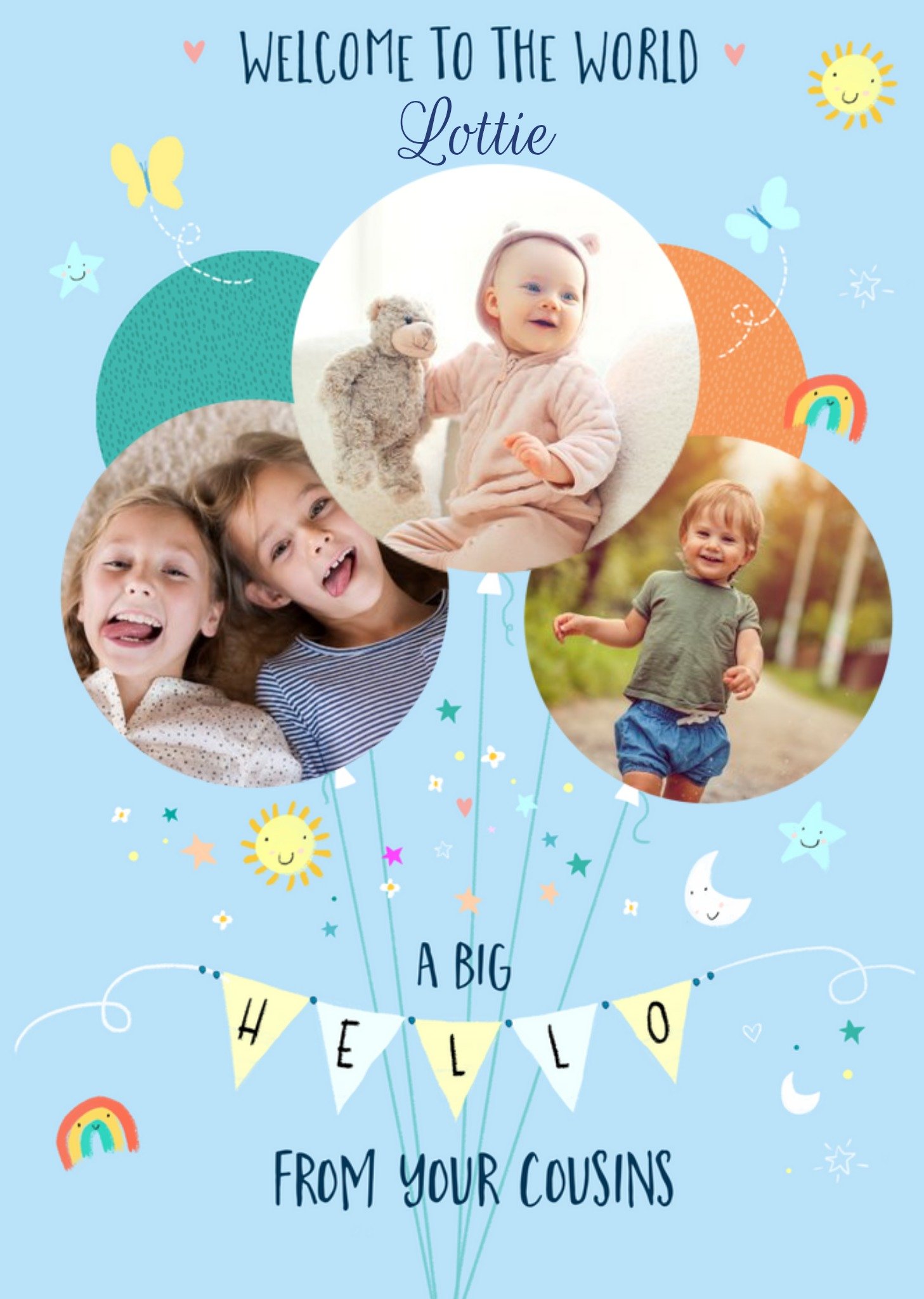 Moonpig Bright Fun Illustrated Welcome To The World A Big Hello From Your Cousins New Baby Photo Upl