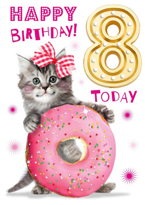Cute Kitten With Doughnut 8th Birthday Card