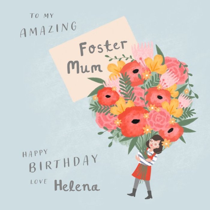 Illustrated Girl With Flowers Foster Mum Birthday Card
