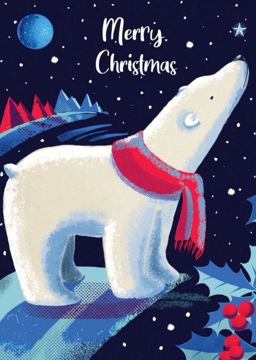 Cute Illustrative Winter Night Polar Bear Christmas Card