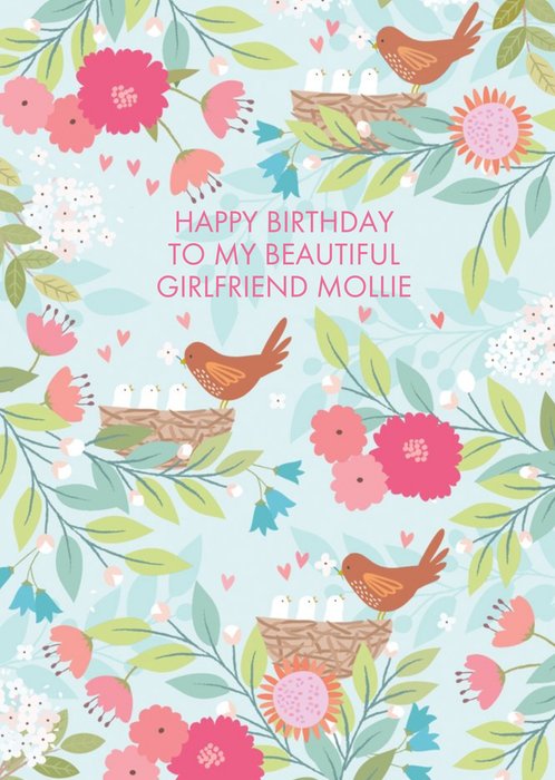 Pastel Flowers And Birds Personalised Beautiful Girlfriend Happy Birthday Card