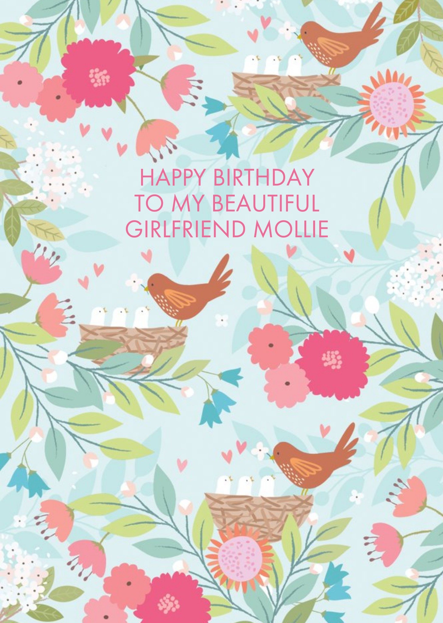 Pastel Flowers And Birds Personalised Beautiful Girlfriend Happy Birthday Card Ecard