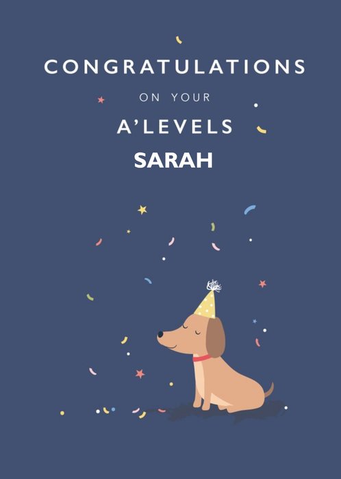 Cute Illustrated Sitting Dog Party Hat Congratulations Exams Card