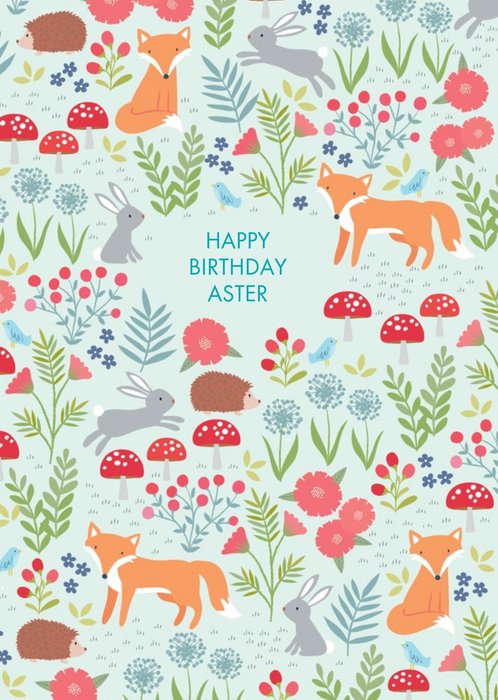 Foxes Rabbit Hedgehog Green Birthday Card