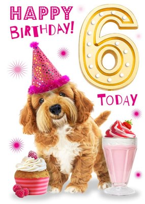 Cute Dog With Cupcake 6th Birthday Card