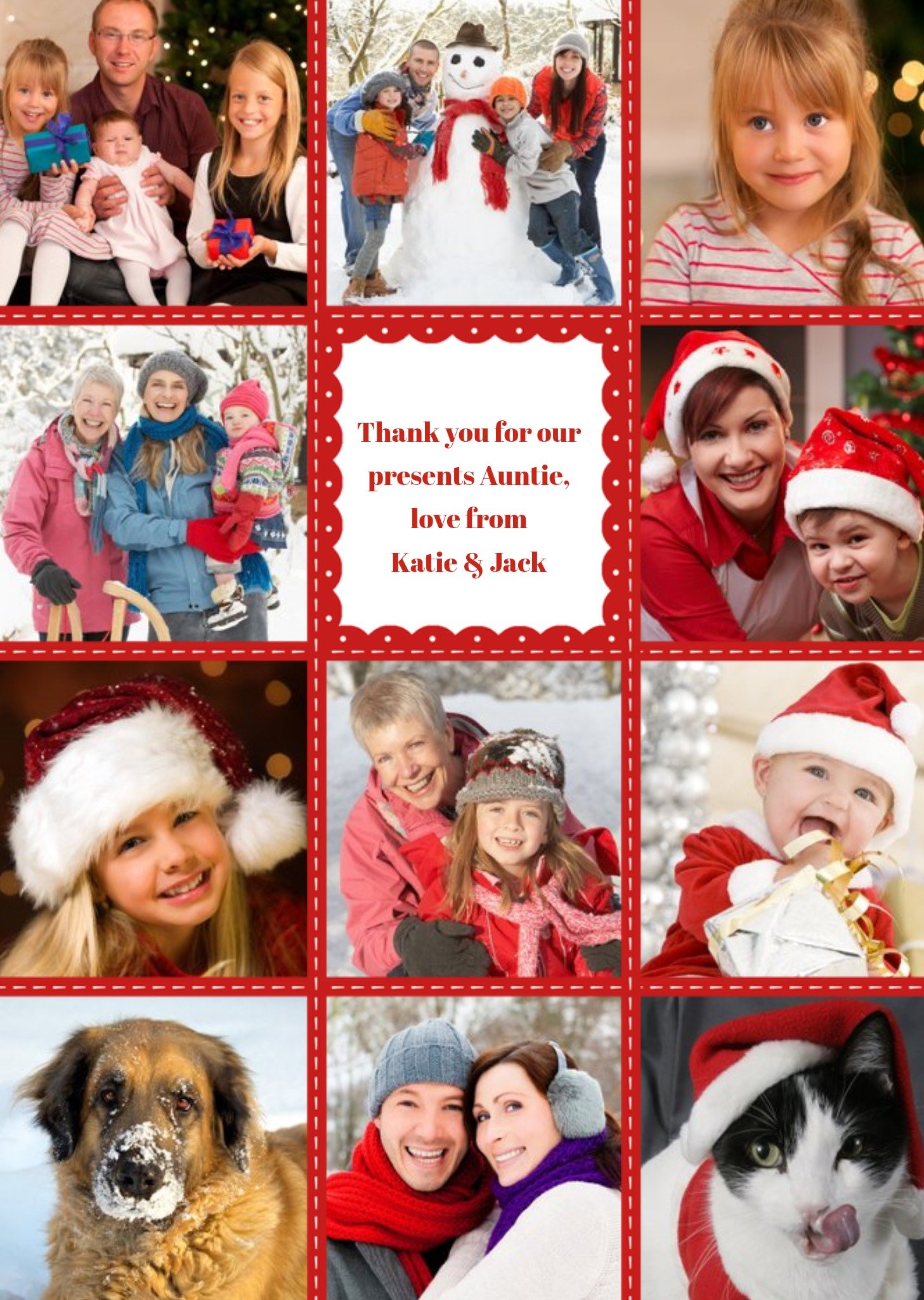 Red And White Stitched Frame Personalised Upload Photo Thank You Christmas Card Ecard