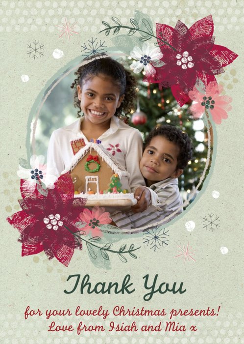 Poinsettia Frame Personalised Photo Upload Christmas Thank You Card