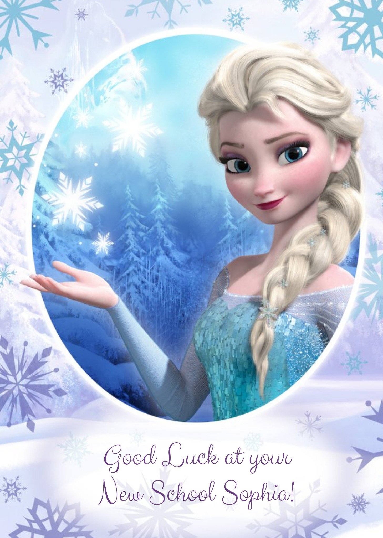 Disney Frozen Elsa Snowflake Personalised Good Luck At Your New School Card Ecard