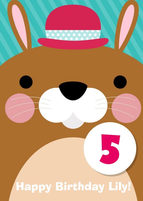 Cartoon Bunny In Hat Personalised Happy 5th Birthday Card