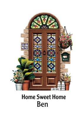Illustration Of A Front Door With Stained Glass Surrounded By Flowers Personalised New Home Card