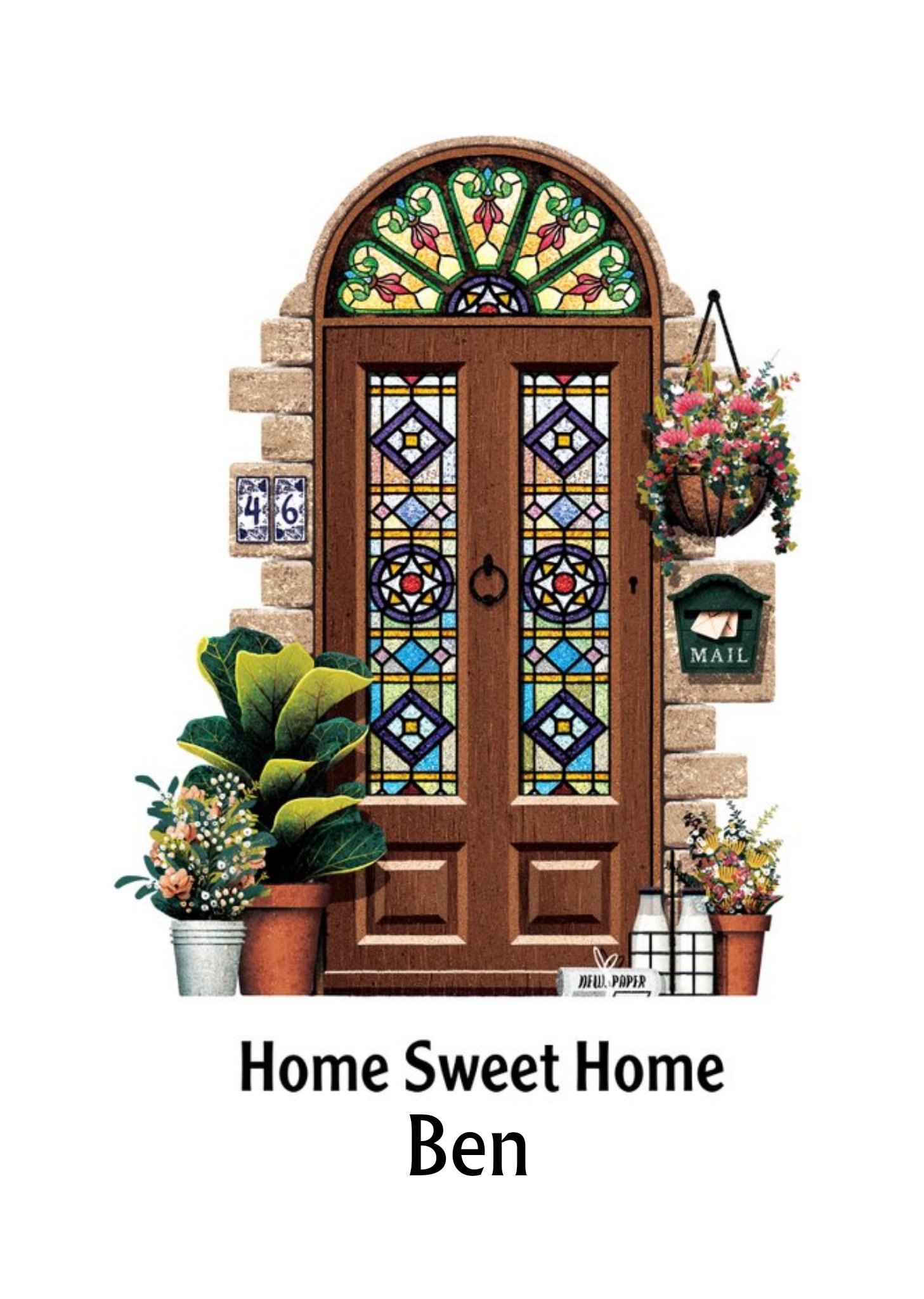 Illustration Of A Front Door With Stained Glass Surrounded By Flowers Personalised New Home Card Ecard