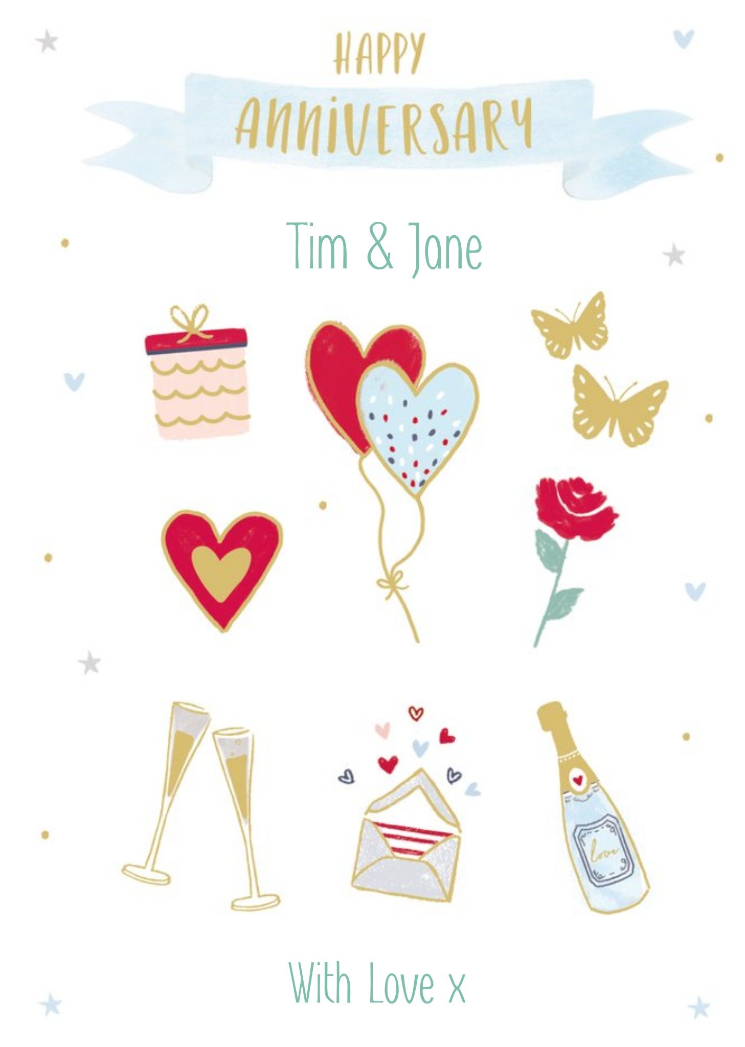 Moonpig Various Spot Illustrations Of Anniversary Gifts Happy Anniversary Card, Large