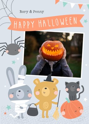 Cute Illustrated Animals Dressed Up For Halloween Photo Upload Card