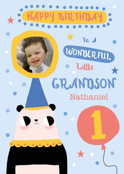 Panda Illustration 1st Birthday Grandson Photo Upload Card