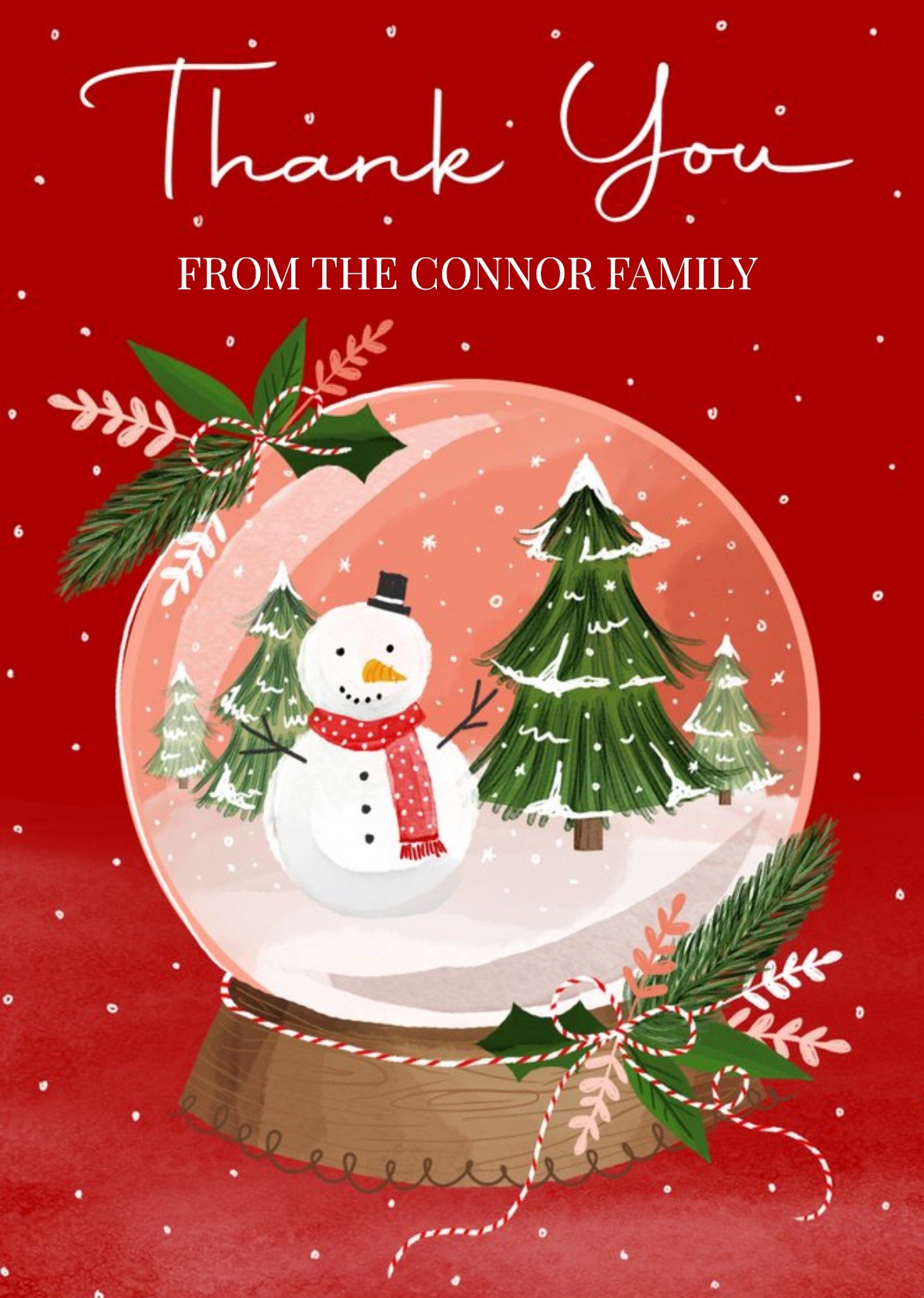 Moonpig Illustration Of A Snowman In A Snow Globe On A Red Background Thank You Christmas Card, Larg