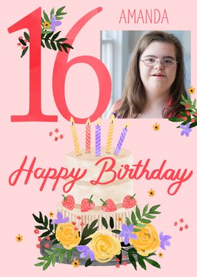 Illustrated Photo Upload Cake Floral 16th Birthday Card