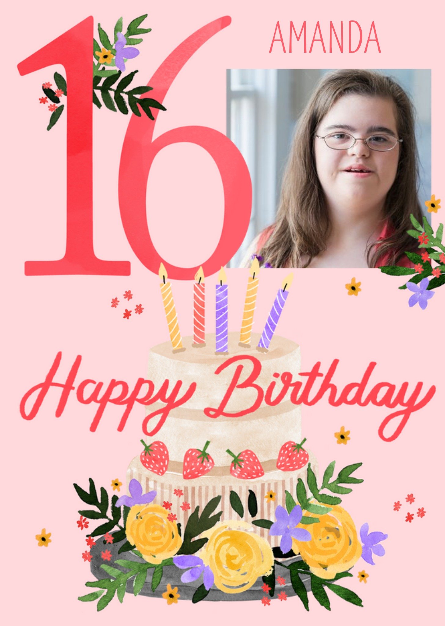 Okey Dokey Design Illustrated Photo Upload Cake Floral 16th Birthday Card Ecard