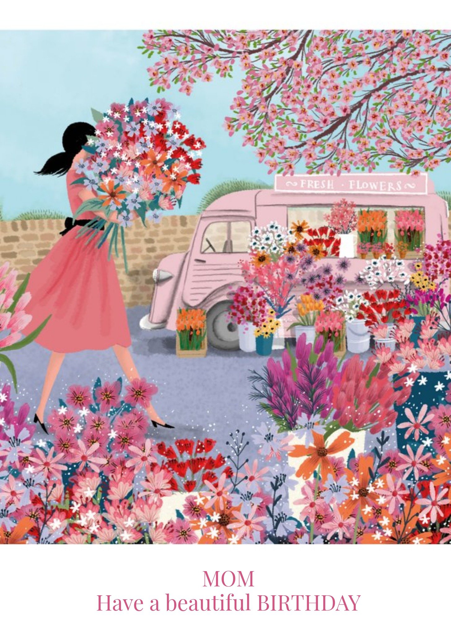 Moonpig Beautiful Illustration Of A Lady Buying A Bouquet Of Flowers From A Pink Florist Van Birthda