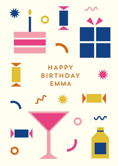 Graphic Illustrations of Birthday Presents, Cake And Cocktails. Happy Birthday Card