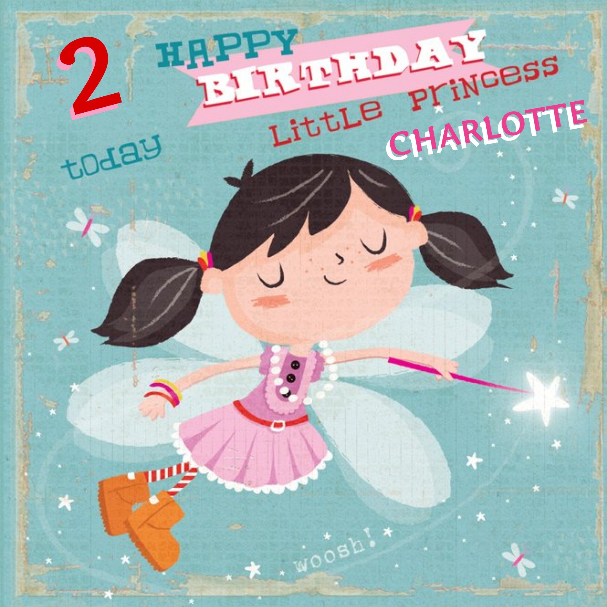 Moonpig Little Fairy Princess Personalised Happy 2nd Birthday Card, Large