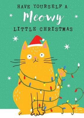 Illustration Of A Cat Tangled In Lights On A Green Background Christmas Card