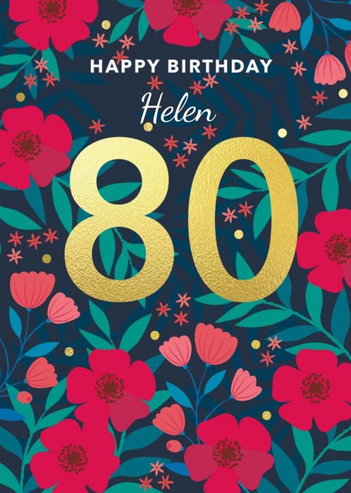 Illustration Red Floral 80 Milestone Female Birthday Card