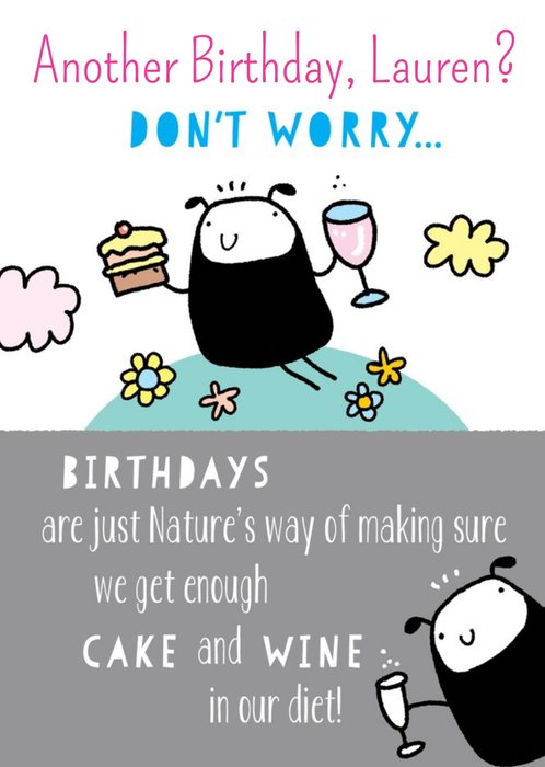Fun Illustrative Cake and Wine Birthday Card