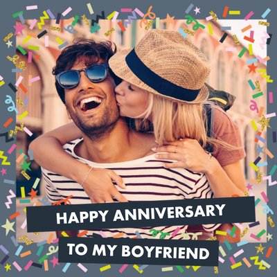 Colourful Confetti Photo Upload Anniversary Card For Boyfriend