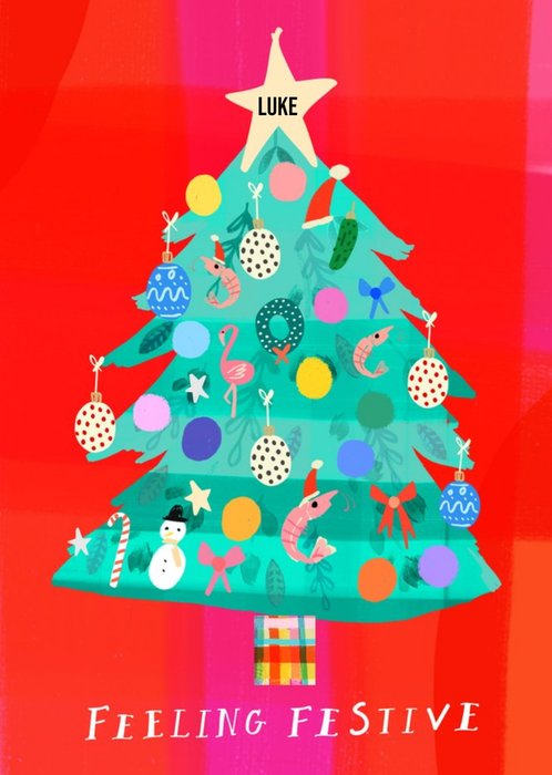 Red Illustrated Tree with Ornaments Customisable Christmas Card