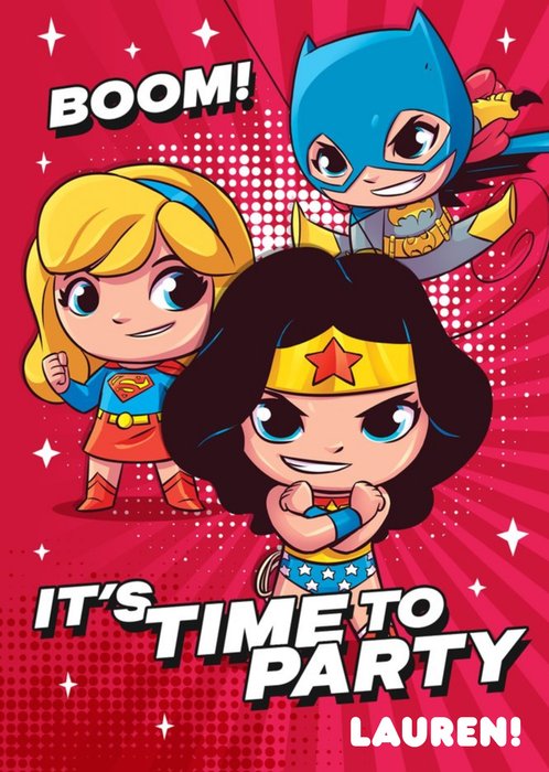 Kids DC Super Friends BOOM It's time to Party Birthday card