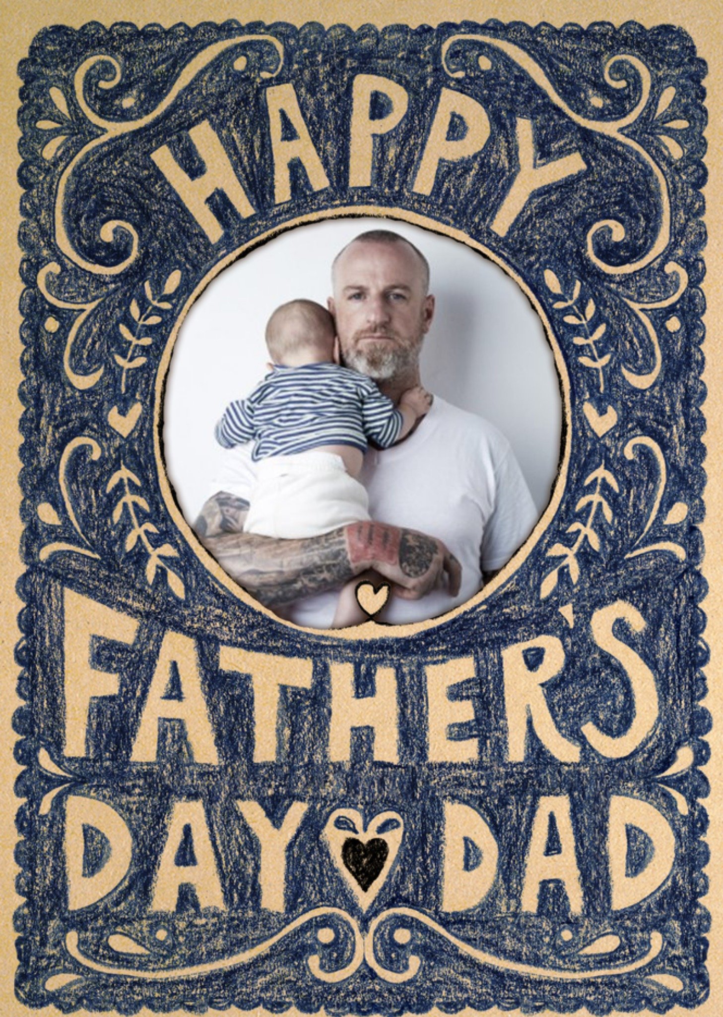 Blue And Beige Doodle Personalised Photo Upload Happy Father's Day Card