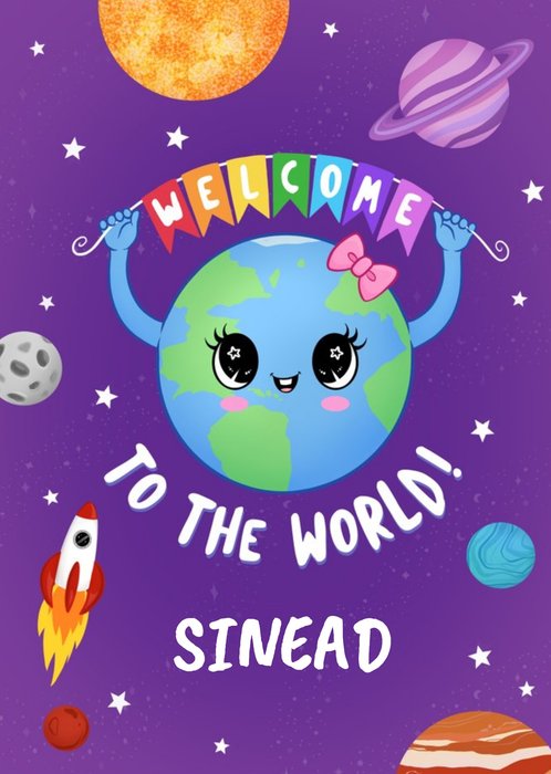 Purple Illustrated Space Welcome to the World Card
