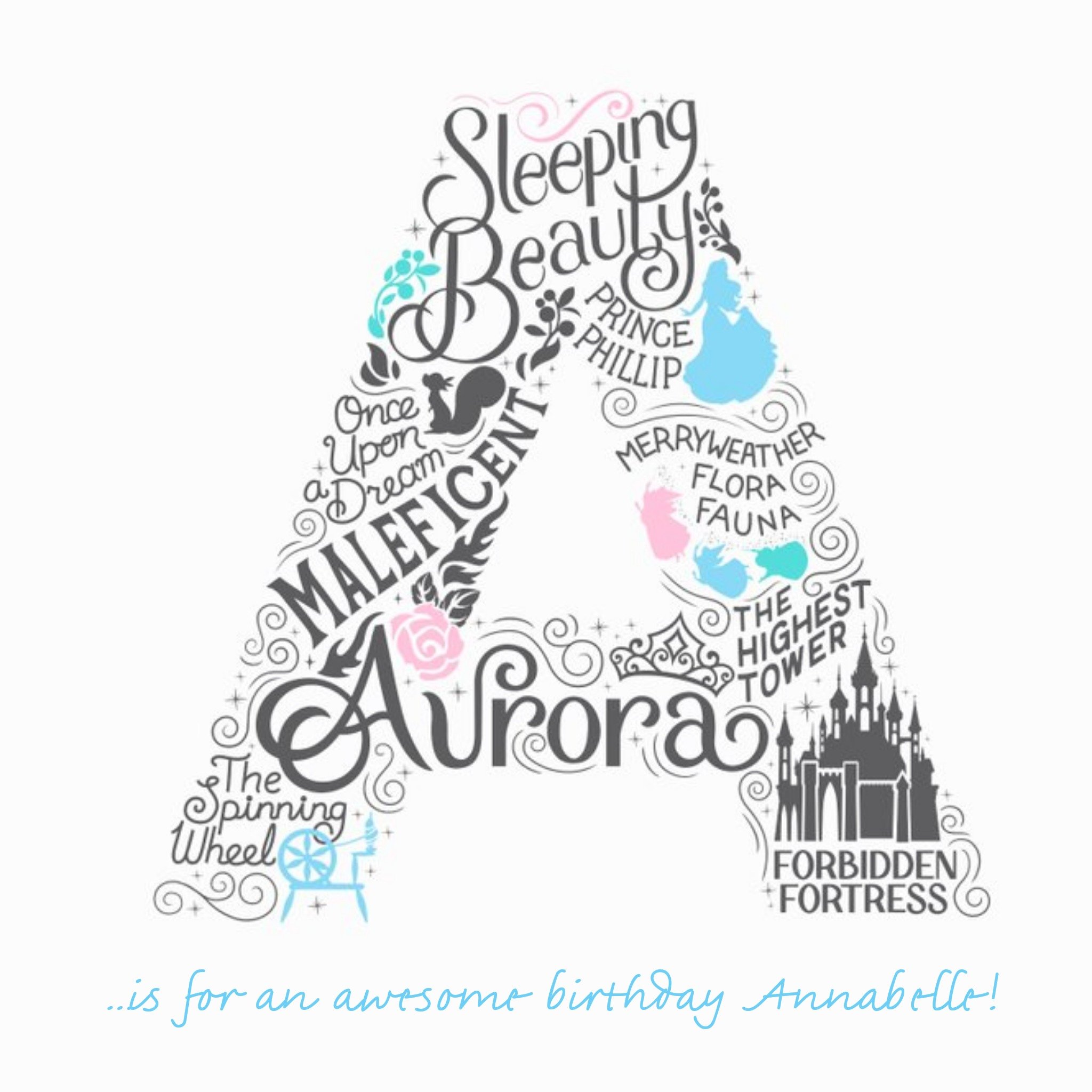 Disney Scribble Sleeping Beauty Personalised Text Card, Square