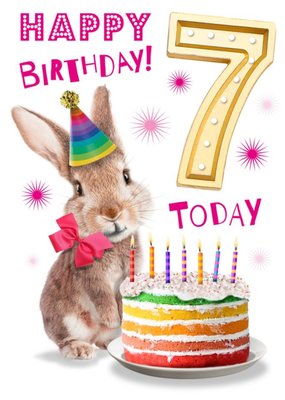 Cute Rabbit With Cake 7th Birthday Card