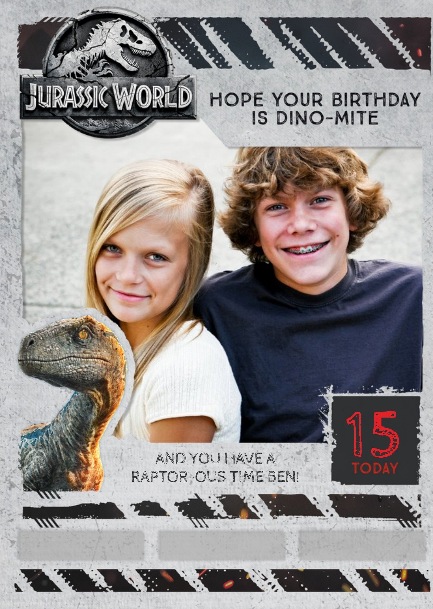 Birthday Card - Photo Upload Card - Dinosaurs - Jurassic World - Raptor, Large