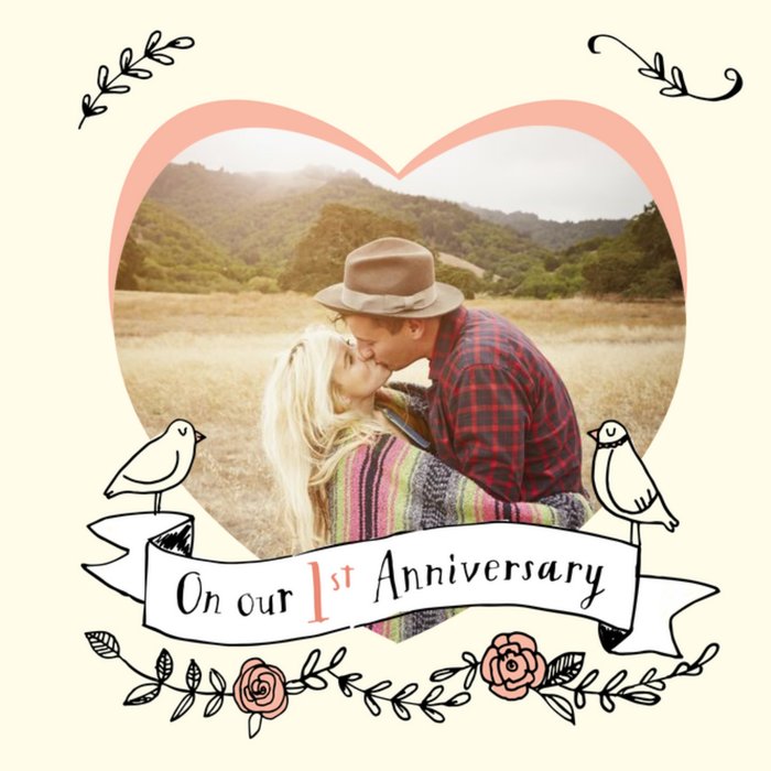 Pastel Yellow And Pink Heart Photo First Anniversary Card