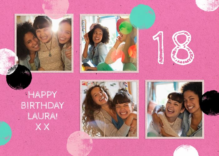 Pink Personalised 4 Photo Upload Happy 18th Birthday Card