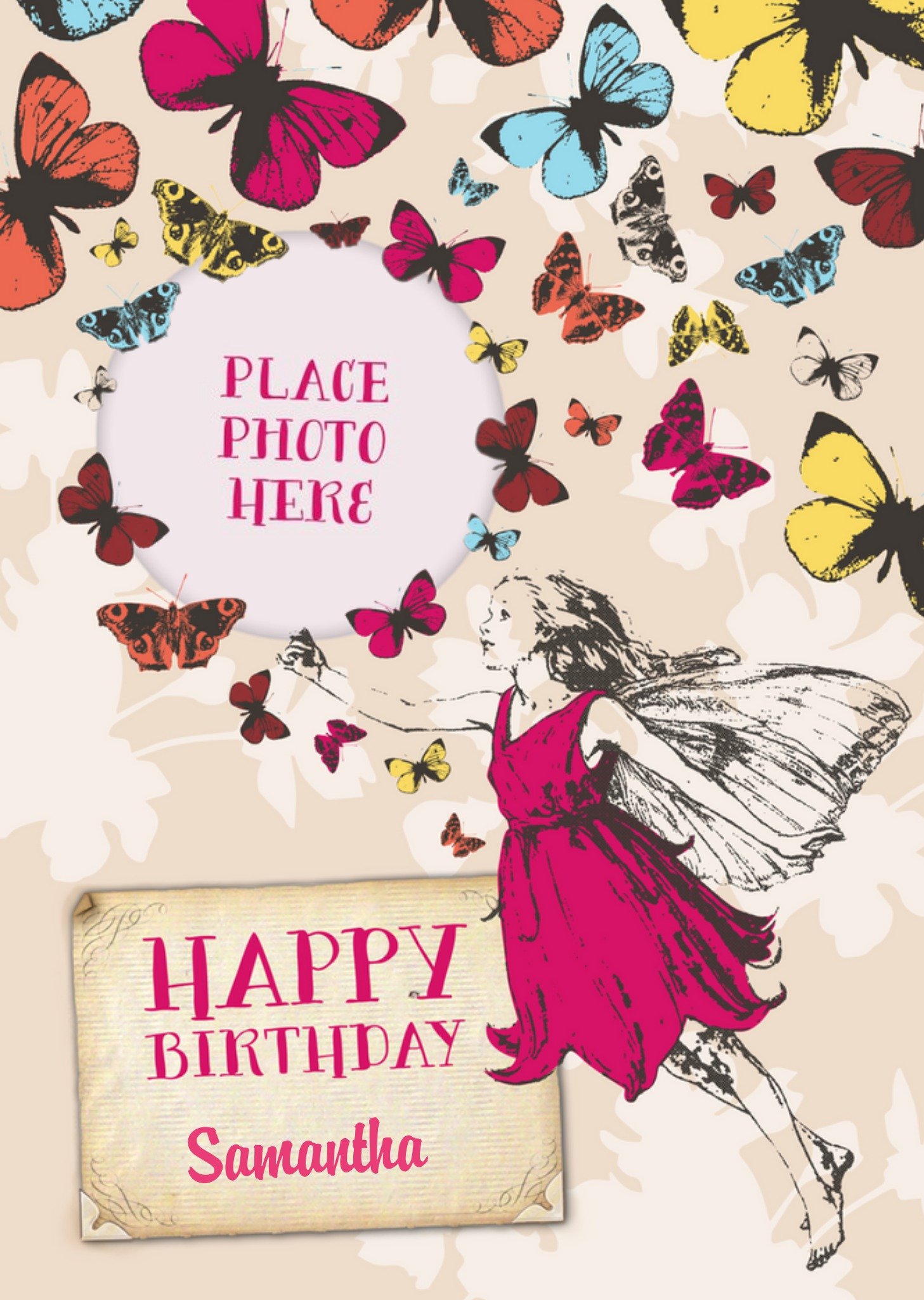 Moonpig Butterflies And Fairy Personalised Photo Upload Happy Birthday Card, Large